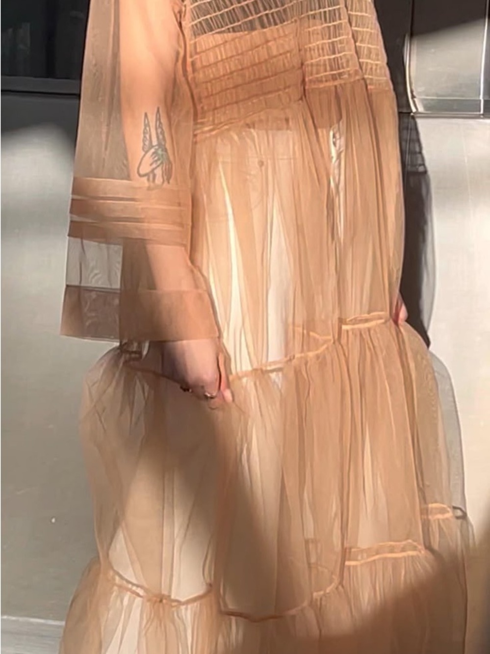 Sheer Tiered Long-Sleeve Maxi Dress in Peach